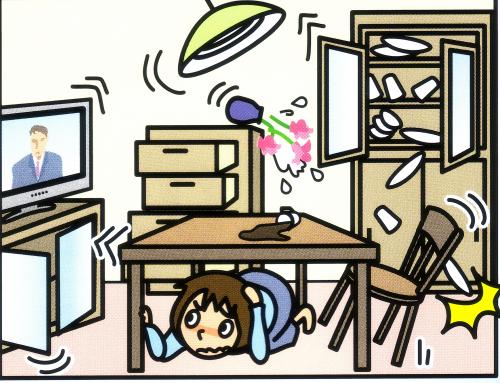 地震の際にテーブルの下に隠れている様子のイラスト