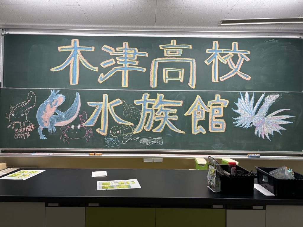 「木津高校水族館」と書かれている黒板の写真