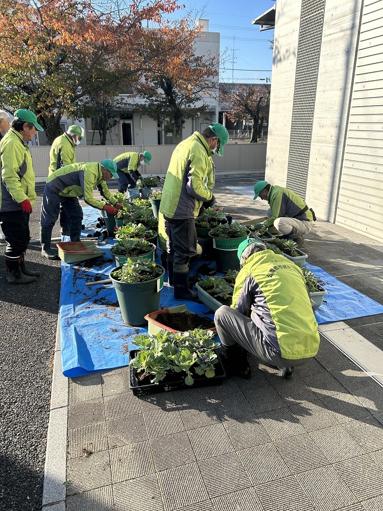 花壇植え替え作業中の様子