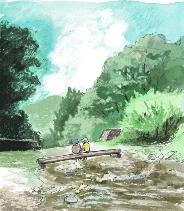 山城町森林公園内の川の橋の上に子供が座っているスケッチ