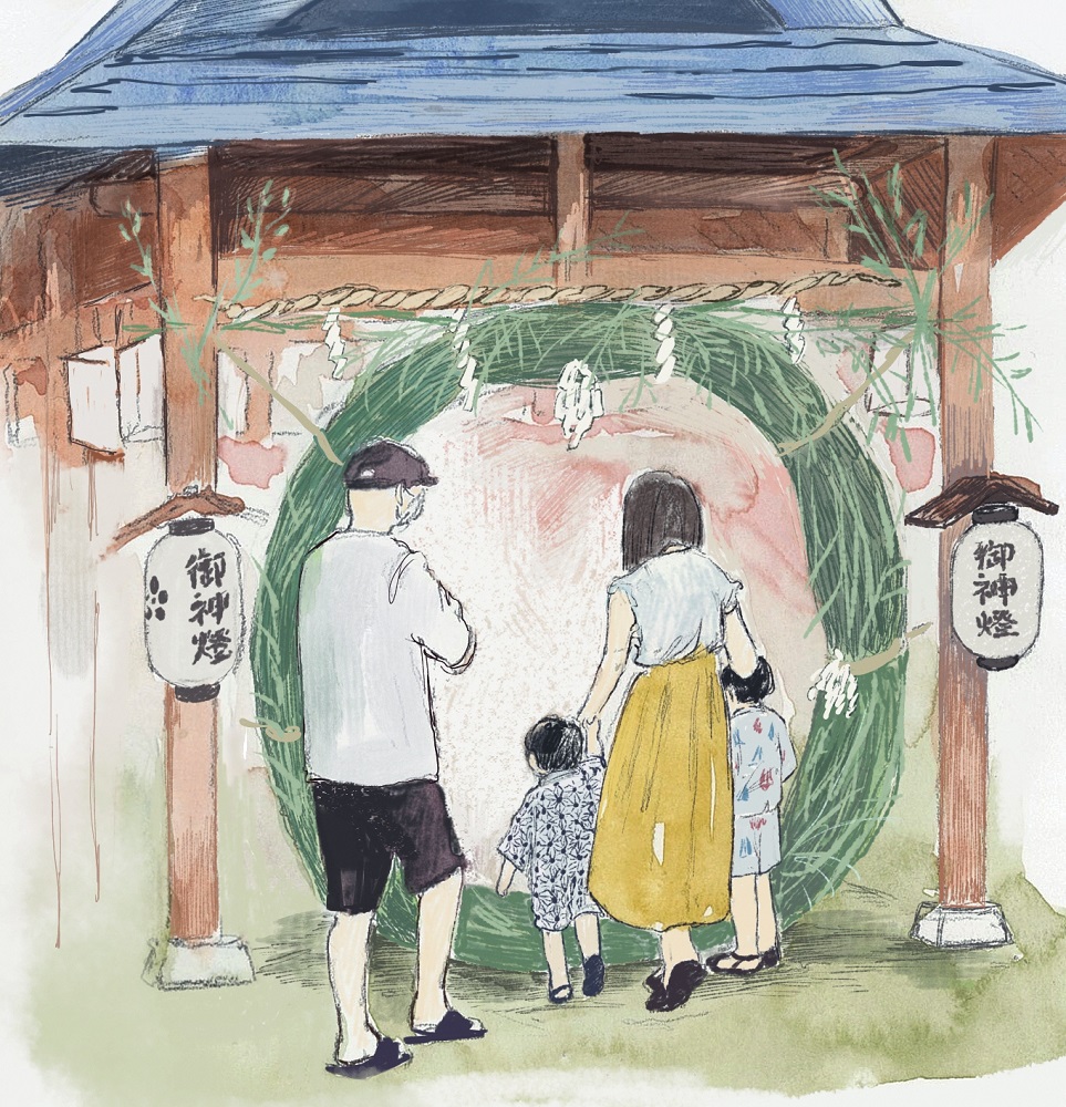 茅の輪くぐりをする家族のイラスト