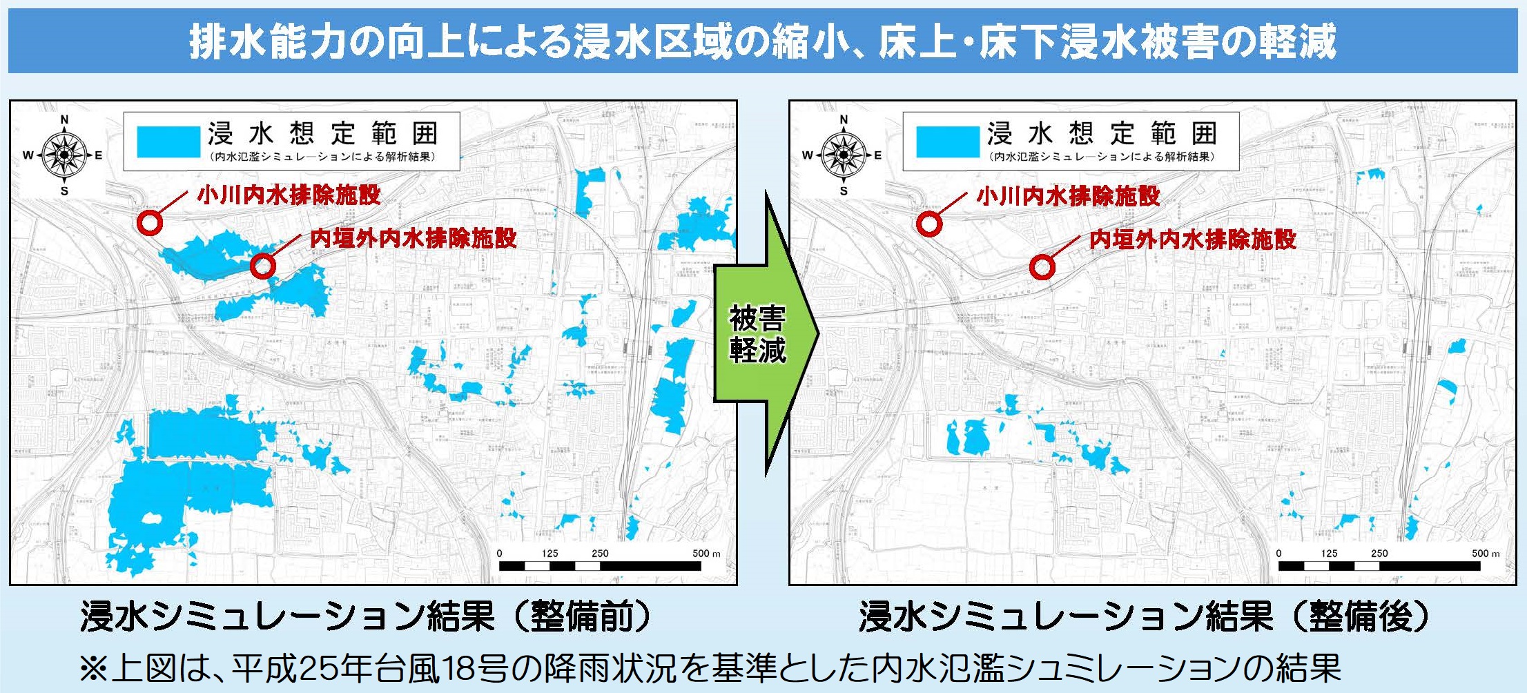 内水対策事業を行う前後の違いを示した浸水シュミレーション図